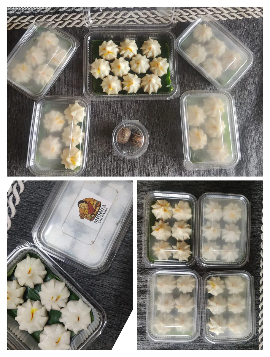 Containers of hand-pleated ukdiche modak on banana leaf